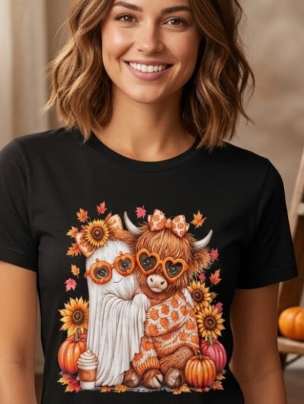 Black Halloween Highland Cow & Ghost Graphic Tee - Unbranded